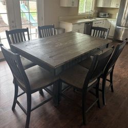 Wood High Top Dinning Table, 4 Small drawers/with Wine Rack Built In,6 Chairs