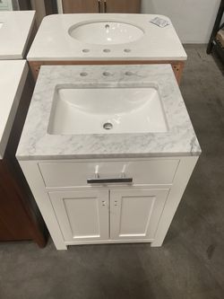 24” White Solid Wood Bathroom Vanity with Marble Top (V189)