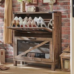 Shoe Cabinet with 2 Flip Drawers, Farmhouse Shoe Storage Cabinet with Mesh Doors and Adjustable Shelves, Rustic Wooden Shoe Organizer, Small Shoe Cabi