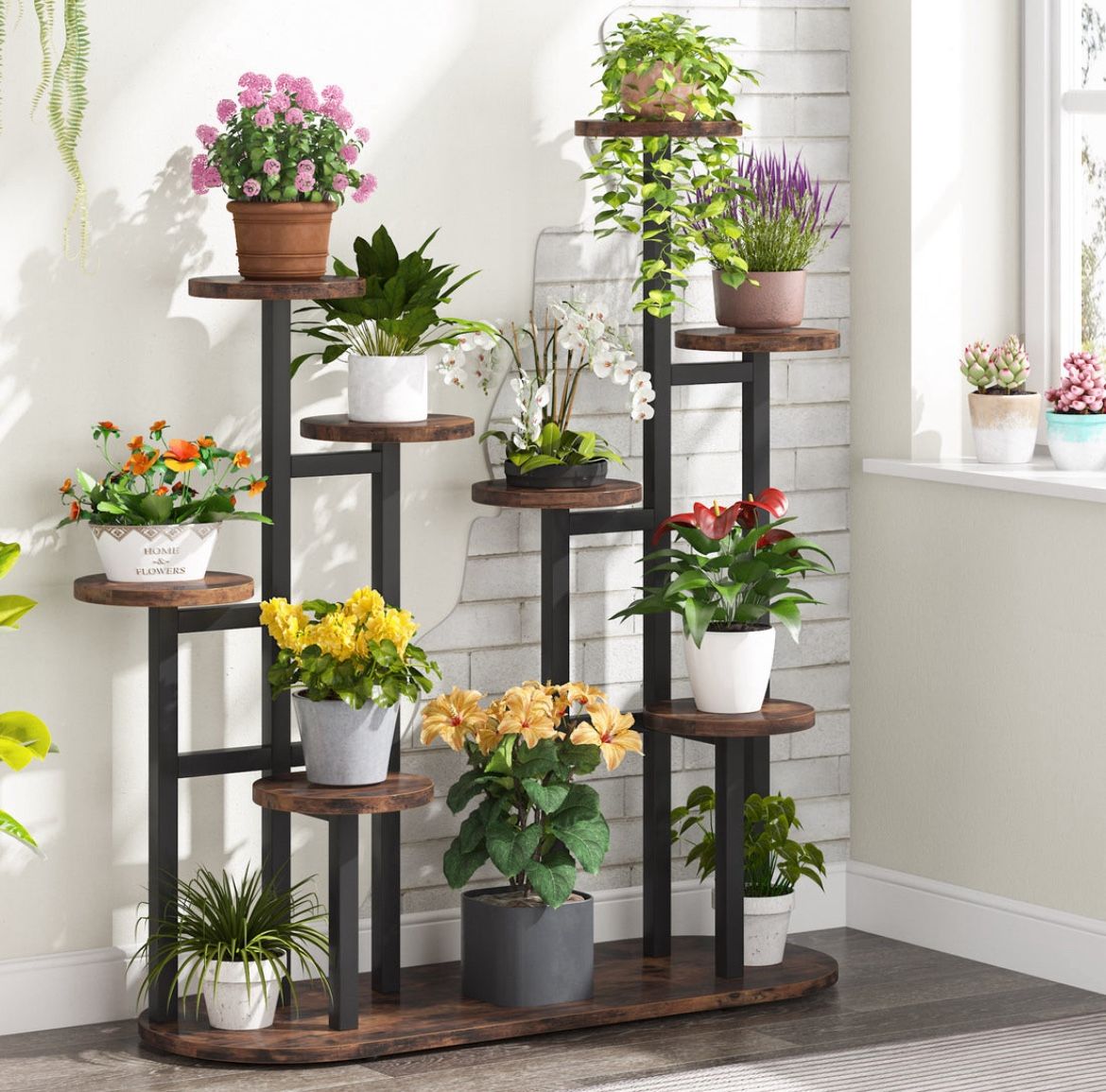 Multi-Tiered Plant Stand, 11 Potted Plant Shelf Flower Stands Color, Rustic Brown