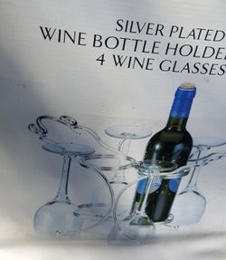 Vtg Godinger Silver Plate Wine Bottle Holder/ 4 Bohemia Crystal JULIA Wine Stems