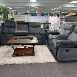 Gorgeous Grey Sofa&loveseat With 4x Recliners & Drop Down Cupholders!!