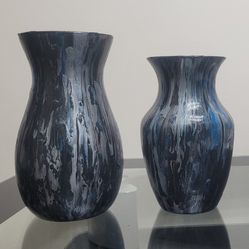 Paint Poured Blue, Black And Silver Twin Vases