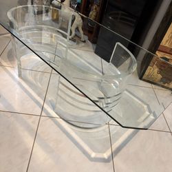 54 X 24 X 16 Vintage Mid Century Modern MCM Coffee Cocktail Table. Beveled Rectangular Glass Top. Lucite Base Can Be Adjusted  Or Used As End Tables.
