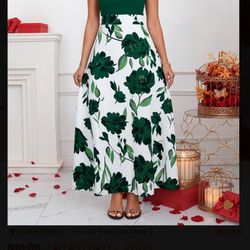 Women's Floral Print Patchwork A-Line Dress - Solid Color Contrast Hem, Stretchy Mid-Length Machine-Washable Casual to Dressy Dress for All Seasons, A