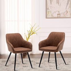 Faux Leather Accent Arm Chairs for Living Room Leisures/ Upholstered Chair w/Metal Legs(Set of 2) for Home Kitchen Office Bistro Cafe, Brown