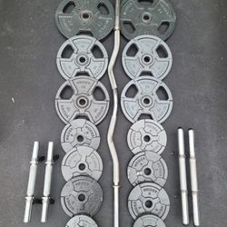 1" Standard Weight Plates (2x25Lbs,4x10Lbs,6x5Lbs,2x2.5Lbs) and EZ Curl Bar for $120 Firm (WALNUT 91789)