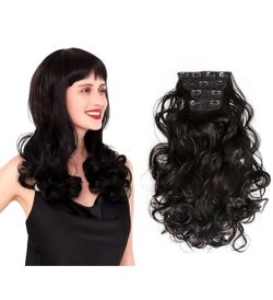 4PCS 18 Inches Synthetic Clip in Hair Extension for Women with Curl Long Wavy Hair Extensions Dark Brown Thick Hairpiece Wavy Full Head
