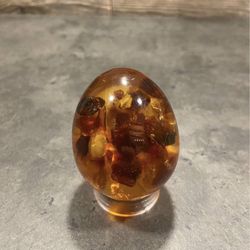 FAUX Amber Egg with Real Glass/Crystal/Stone Inclusions & Display Stand