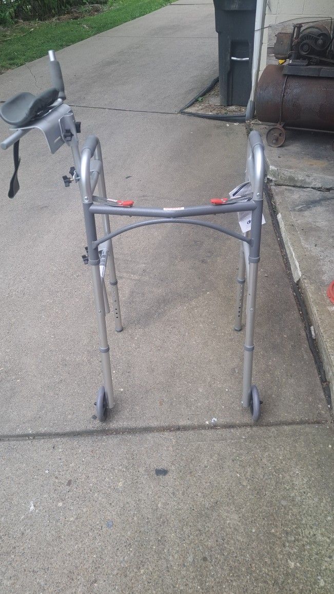 Deluxe Folding Walker With 5-in Wheels And Adjustable Armrest