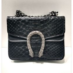 Black Faux Leather Reptile Skin Design Cross-Body Bag w/Bronze Hardware