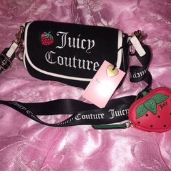 JUICY COUTURE Black Terry Cloth Strawberry  Flap Shoulder Bag