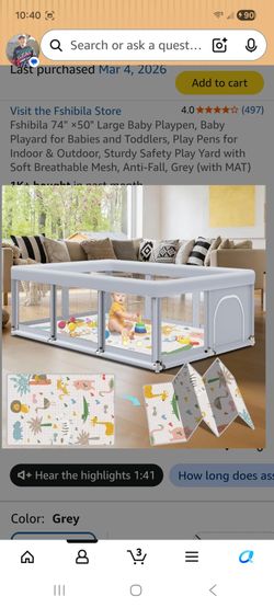 Fshibila Large Baby Playpen with Mat, Grey