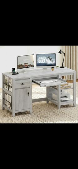 58" Executive Desk with Foldable Keyboard Tray and Charging Station, Farmhouse Wood Home Office Desk with Drawers and Magazine Rack, Large Writing Com