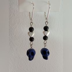 Silver Plated With Protective Healing Obsidian &amp; Skull Drop Earrings -handmade 