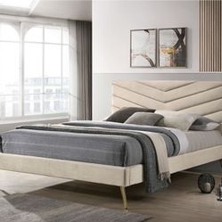 Beige Queen Bed Frame - Mattress Sold Separate 