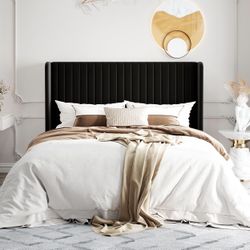 Full Size Velvet Upholstered Bed Frame, Vertical Channel Tufted Wingback Headboard, Wooden Slats Support Platform, No Box Spring Needed, Easy Assembly