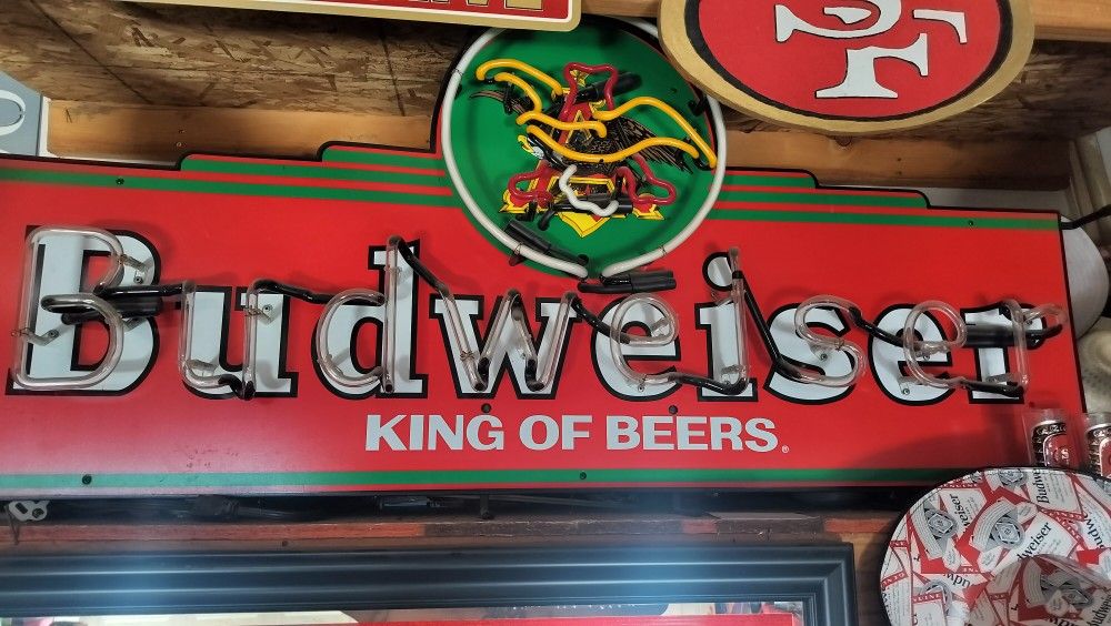 Large Budweiser Neon Sign & Folds Of Honor Mirror Budweiser Sign First $550 Take Both