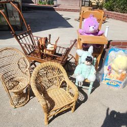 Care bears, doll stroller & chairs