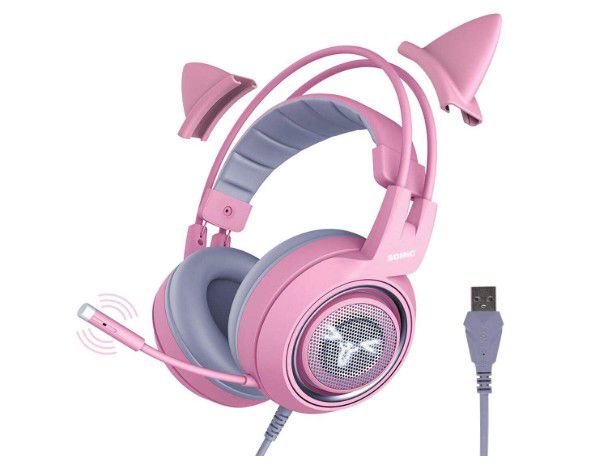 SOMIC G951pink Gaming Headset for PC, PS4, Laptop: 7.1 Virtual Surround Sound Detachable Cat Ear Headphones LED, USB, Lightweight Self-Adjusting