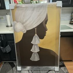 Home Decor Painting, Remedy Exotica Glamorous Canvas Tropical Glam Protraits, white Frame, 55” x 37” 