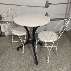 Vintage Sweetheart Ice Cream Parlor Patio Accent Wrought Iron Marble Accent Table And Two Heart Chairs 