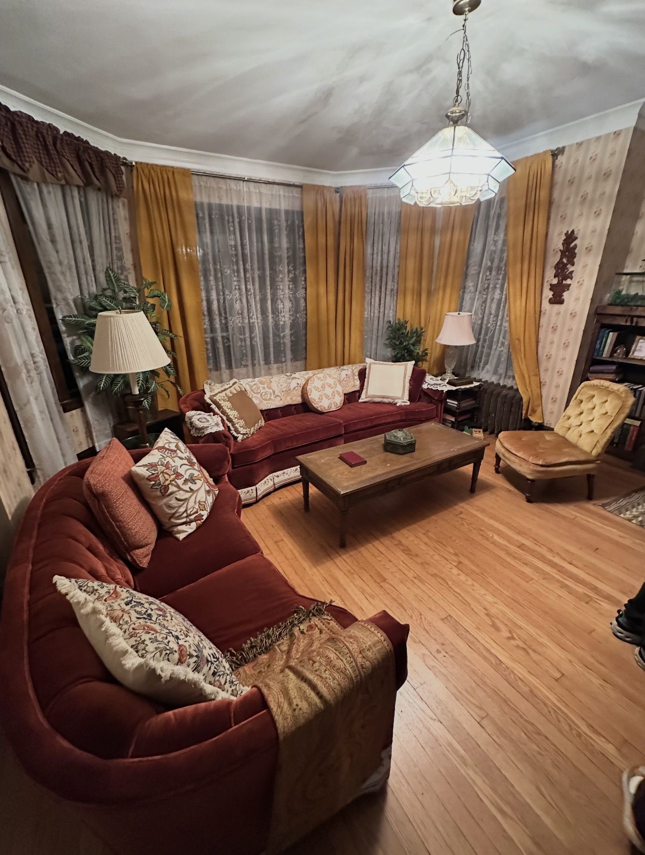 vintage, possibly antique sofa set with matching queen anne style wing back chairs