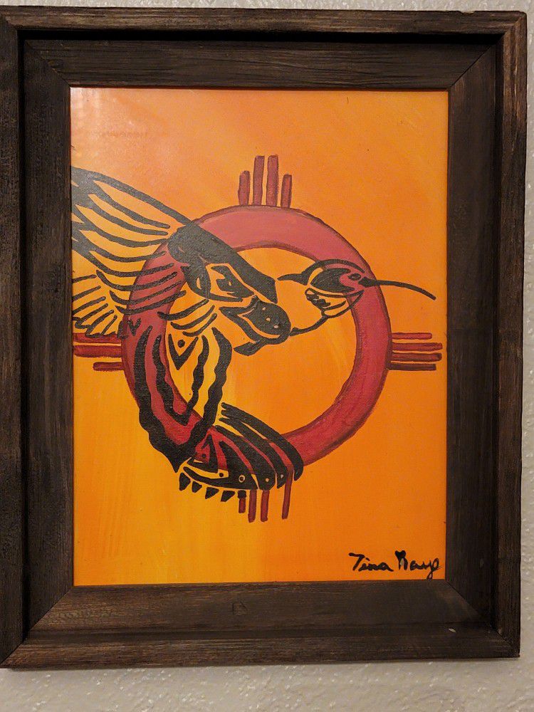 Hummingbird Painting In A Wooden Frame
