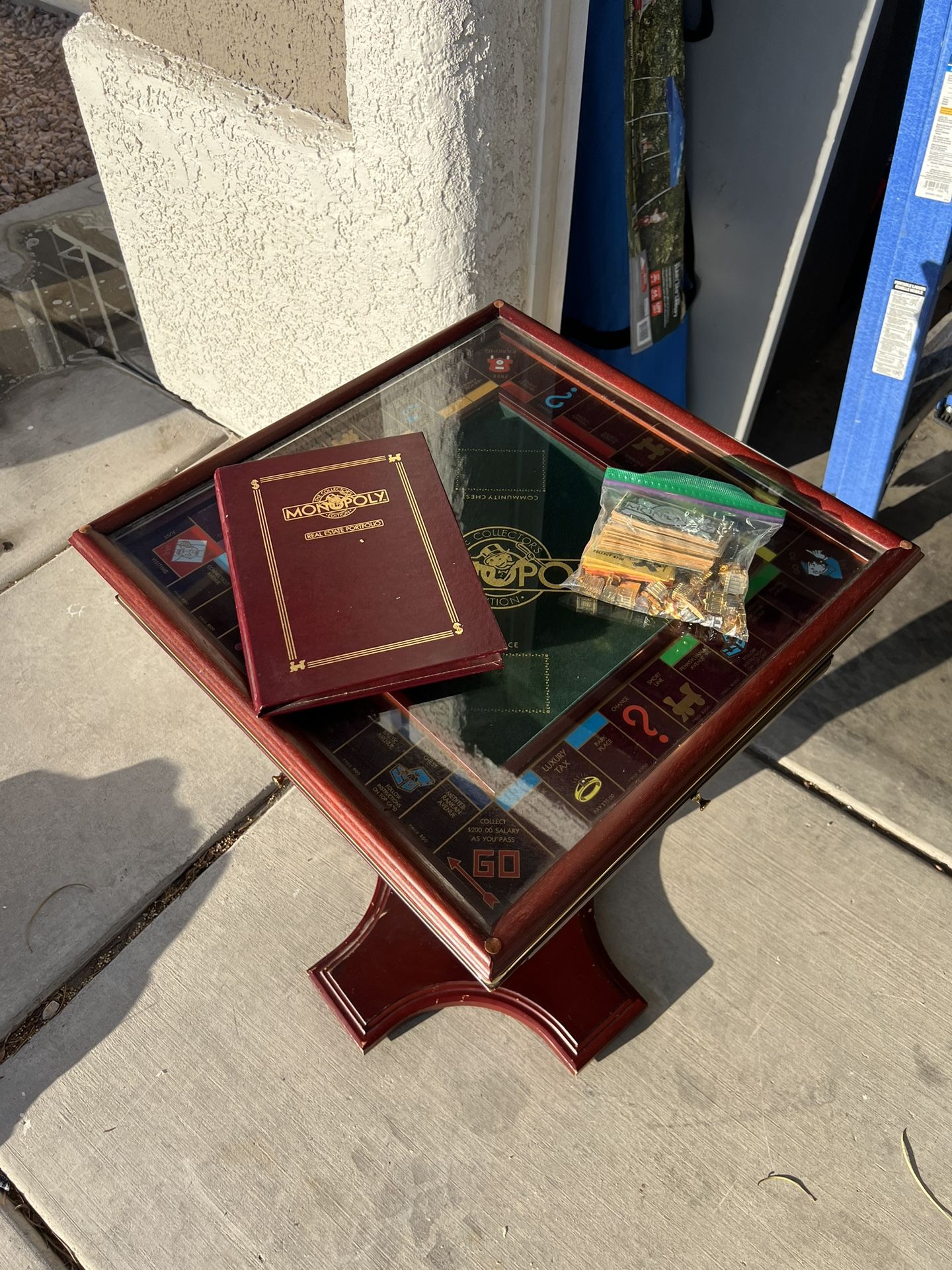Vintage 2001 Monopoly Table And Glass And Cards