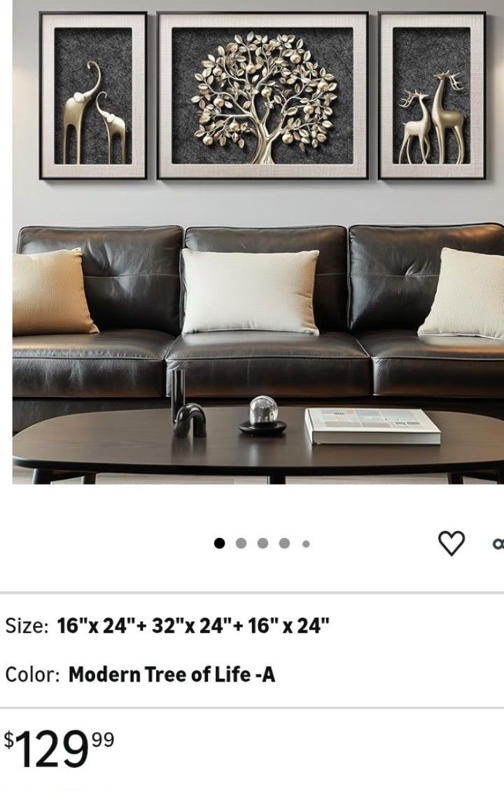 Framed Tree of Life Wall Art for Living Room, 3 Piece Modern Black and Gold Artwork for Walls, 3 Piece Luxury Elephant Deer Pictures, Hallway, Kitchen