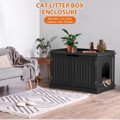 Cat Litter Box Enclosure, Cat Litter Box Furniture Hidden, Wooden Cat Litter Cabinet with Divider