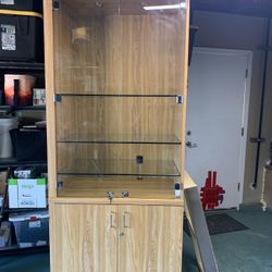 Wooden Cabinet With Glass Shelves + Door