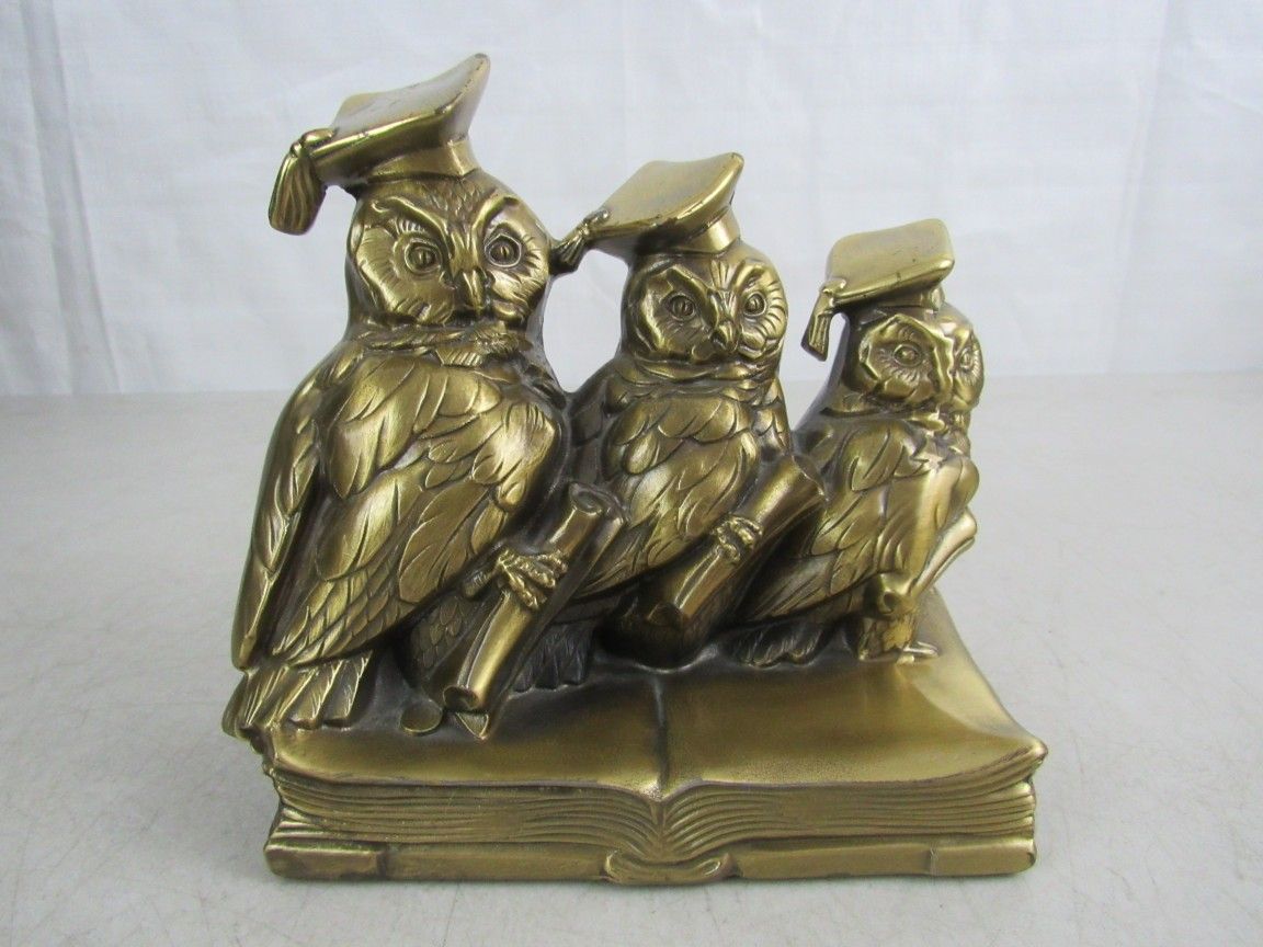 PM Craftsman Brass Plated Metal Graduation Scholar Owl Statue Bookend



