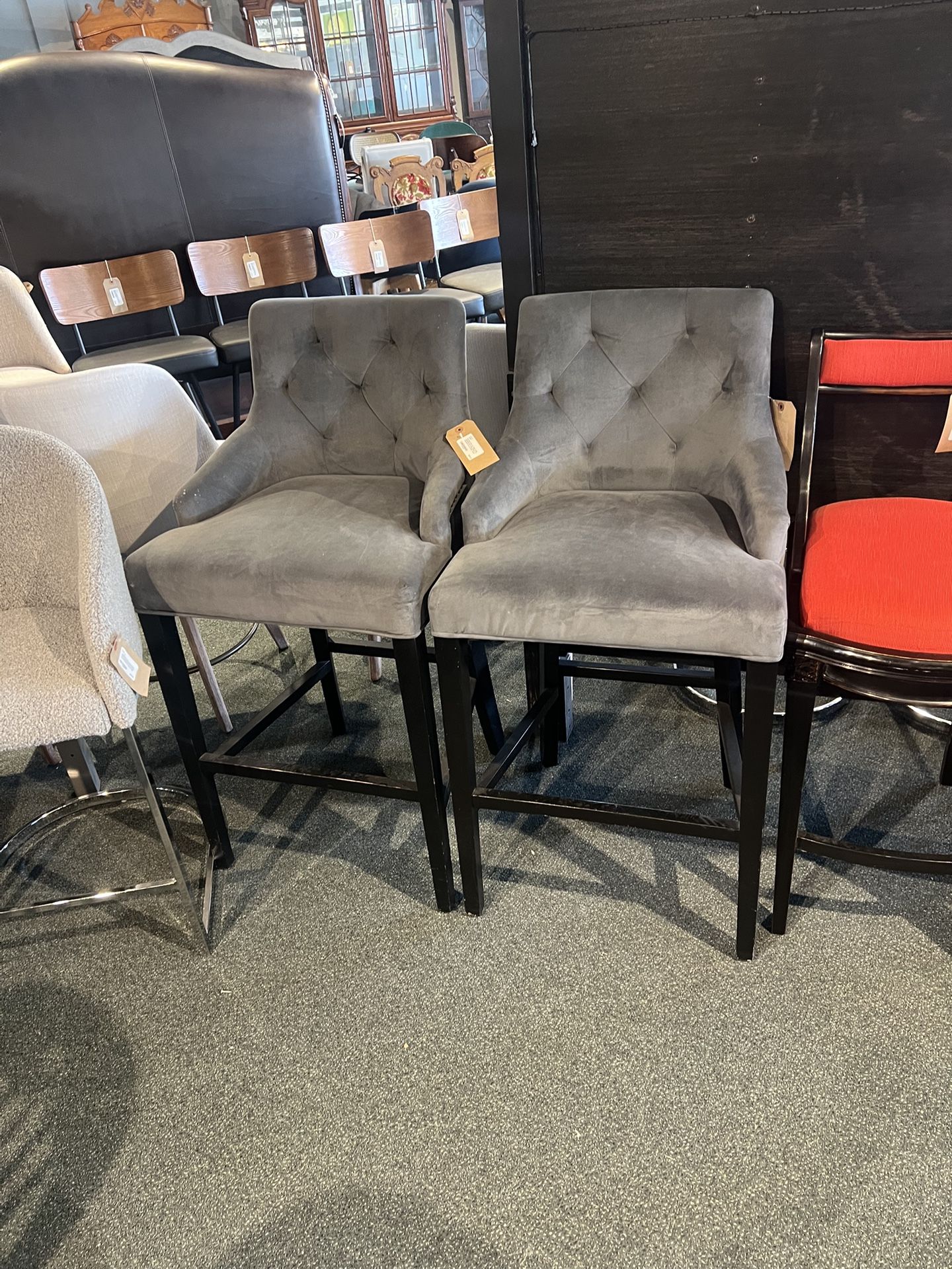 Bar Stools: Set Of 2 Blue-Gray Upholstered, Tufted Bar Stools W/ Nailheads as-is (minor wear) SKU NYWN19