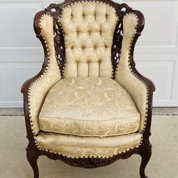 Victorian Style Carved Wood Claw Foot Chair Brocade Tuffted WingBack Ornate Asia