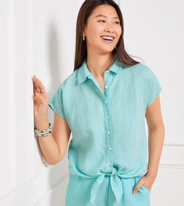 Talbots linen tie hem button front shirt - small