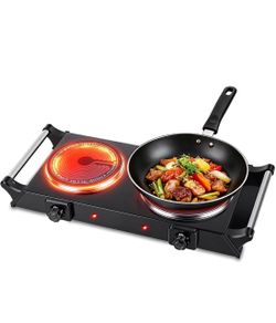 Electric Countertop Double Burner, 1800W Cooktop with Crystal Glass Hot Plate, 5-Level Stepless Temperature Control, Stay Cool Handles, Easy to Clean,