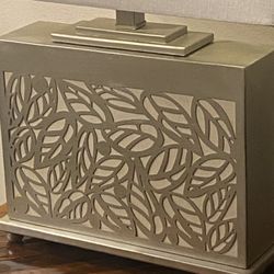 Elegant Table Lamp With The Patina  Inlaid Metal Base And White Linen Rectangular Shade H23”