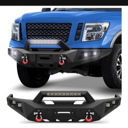 New in a sealed box 16-25 Titan XD Front Bumper Full Width Offroad Bumper w/Winch Plate, 144W Light Bar, 4x18w Lights, D-rings for 2016-2025 Nissan Ti