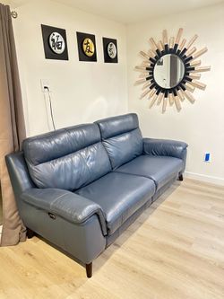 Living Spaces Moana Modern Blue Leather 87" Power Dual Reclining Sofa with USB