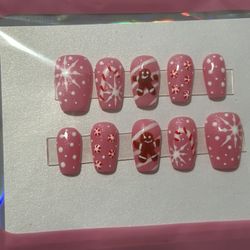 Pink Gingerbread Man/Candy Cane Medium Press Ons