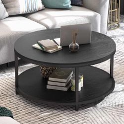 WiberWi Round Coffee Table Black 33.5" Circle Coffee Tables for Living Room Rustic Industrial Design with Sturdy Metal Frame Legs and Open Storage She