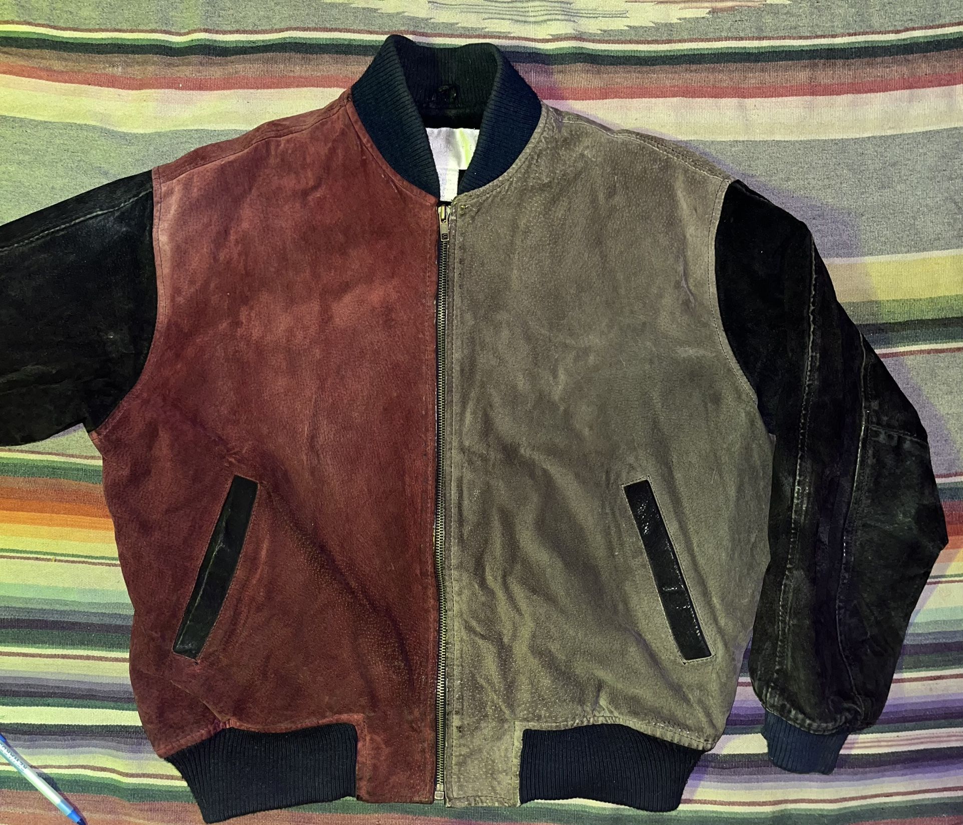 Vintage Suede Colorblock Style Bomber Jacket 1990s Size M