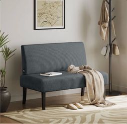 Gray Corduroy Armless Loveseat with Built-In USB Ports / dark gray bench