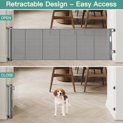 Short Retractable Dog Gate for Large Spaces, 24 Inch Tall & 150 Inches Wide, Reinforced Mesh, Pet & Puppy, Indoor/Outdoor Use, Gray, NEW In Open Box!