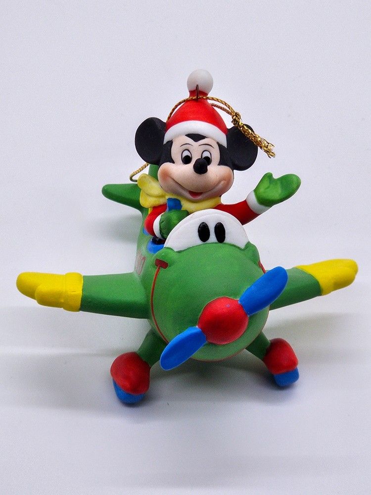 Disney Christmas Ornament Grolier Mickey Flying Green Airplane 1990 Santa Hat