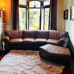 Vintage Brown Leather Couches with A Single Ottoman 