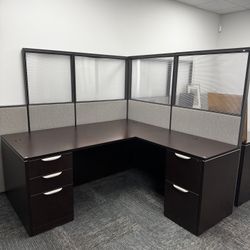 Work Efficiently! *25% Off Sale* Used - 72" x 72" Espresso Laminate L - Shaped Desk w/ Two File Cabinets