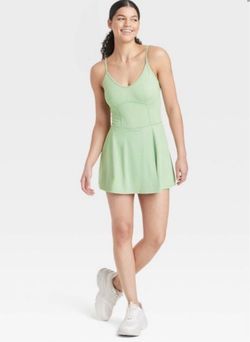 JoyLab Sage green athletic fit & flare front slit dress with shorts, size S