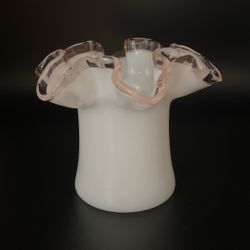 Vintage Fenton Rose Crest White Milk Glass Ruffled Edge 4” Vase
